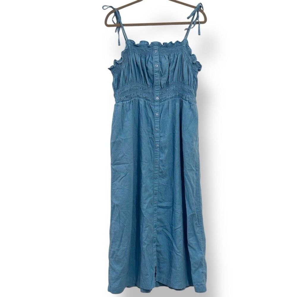 Juniors' SO® Smocked Button Midi/Maxi Linen Dress Blue SZ EXTRA LARGE XL Pockets